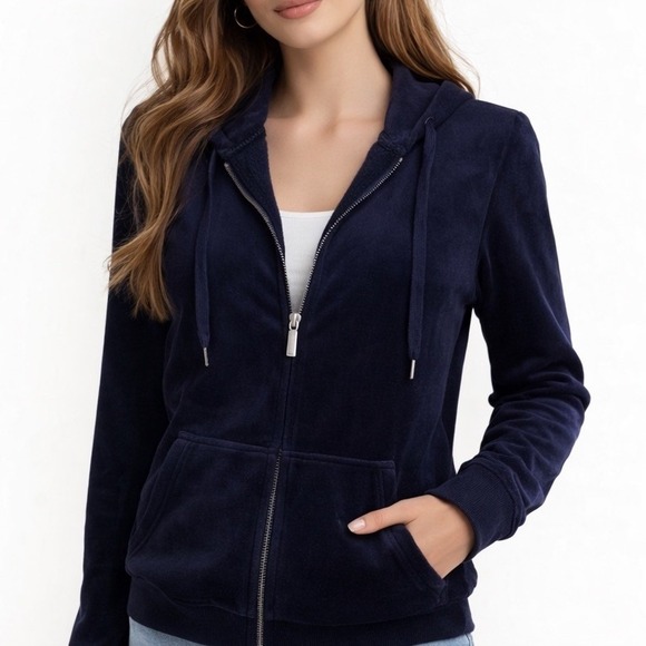 Gloria Vanderbilt Tops - Women's Navy Blue Velvet Velour Hoodie Sz S Full Zip Sweatshirt Track Jacket